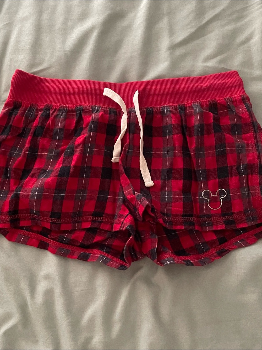 Disney Red and Black Plaid Women's Lounge Shorts with White Drawstring